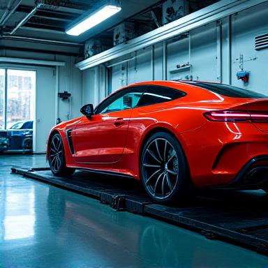 Car strapped to AWD dynamometer testing pad