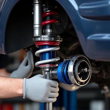 Mechanic adjusting high performance suspension coilovers
